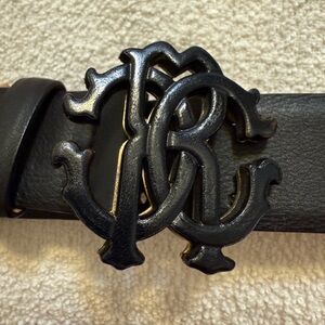 Roberto Cavalli Black Leather Belt with Monogram Buckle size 10